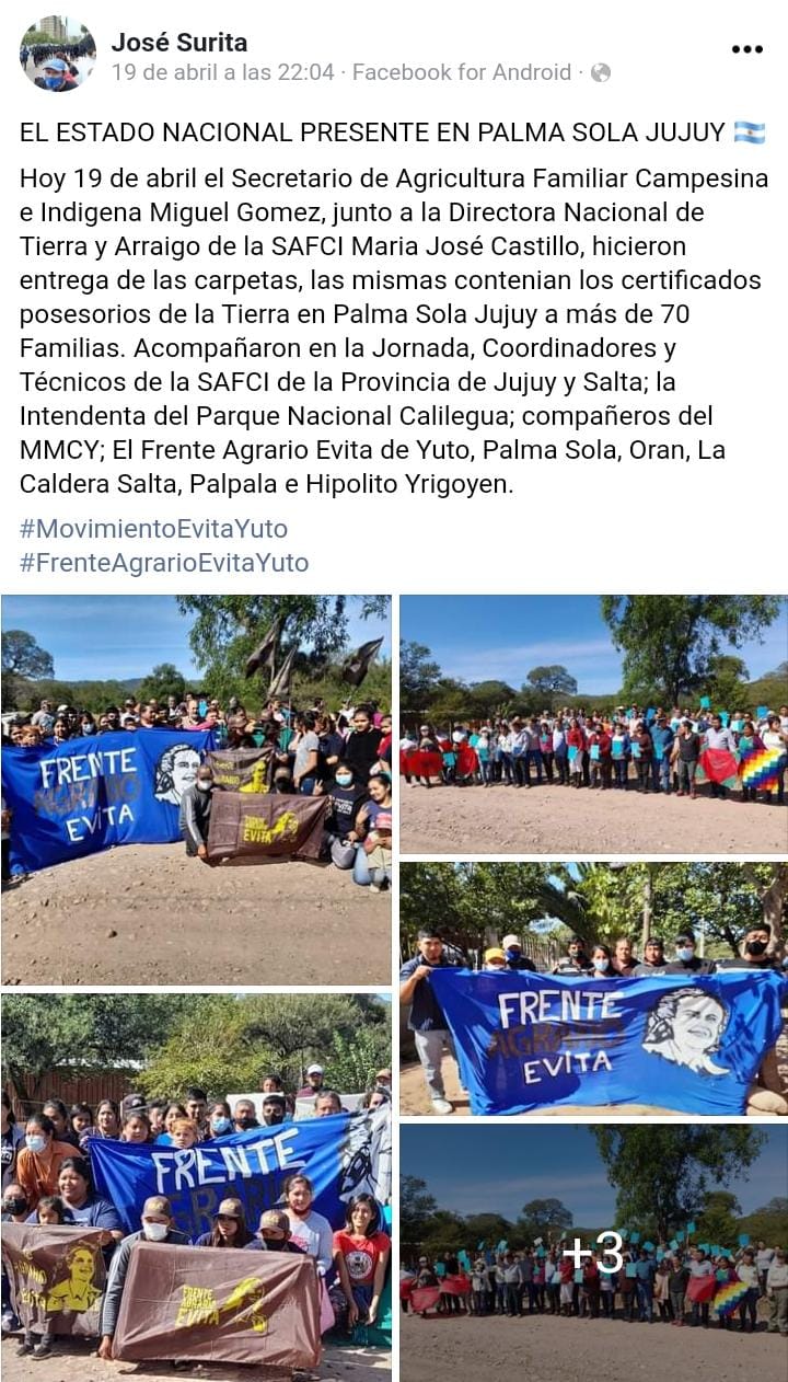 El Movimiento Evita presente en la entrega presuntamente irregular de tierras privadas y del Estado a 63 familias en Jujuy