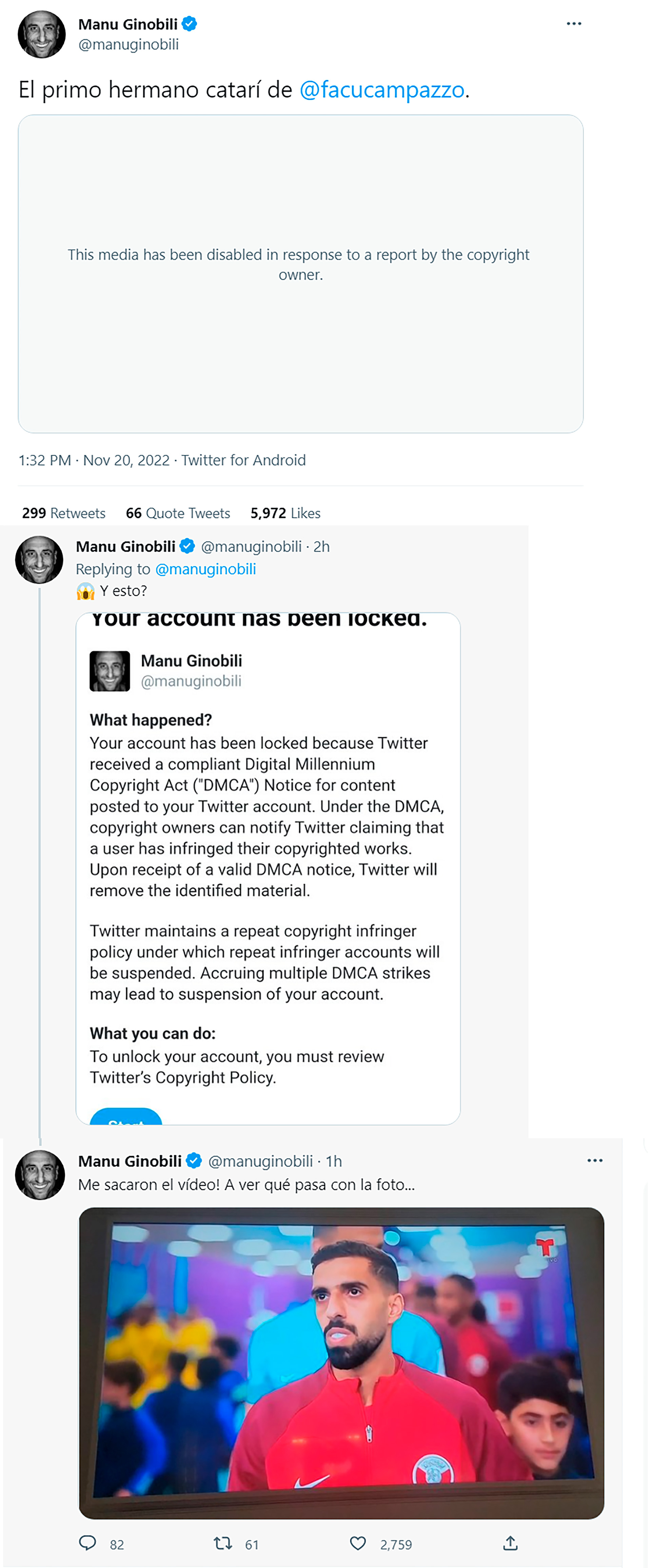 Manu renegÃ³ por la denuncia de copyright que sufriÃ³ su cuenta de Twitter