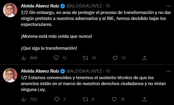 La morenista confirmó la decisión en redes sociales (Twitter/@ALEIDAALAVEZ)