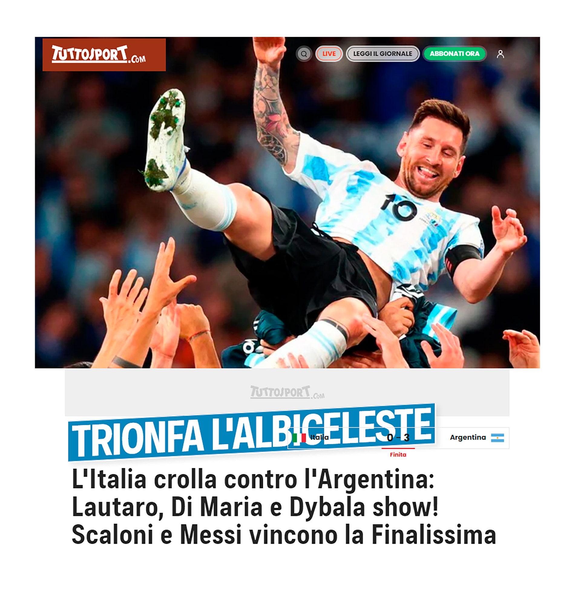 Italia se derrumba ante Argentina: ¡Lautaro, Di María y Dybala marcan! Scaloni y Messi ganan la Gran Final (Tuttosport)