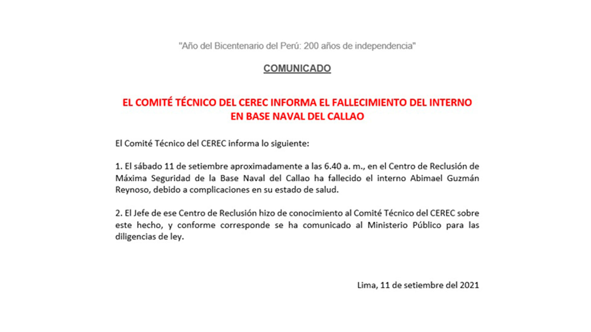 El comunicado del Instituto Nacional Penitenciario de Perú