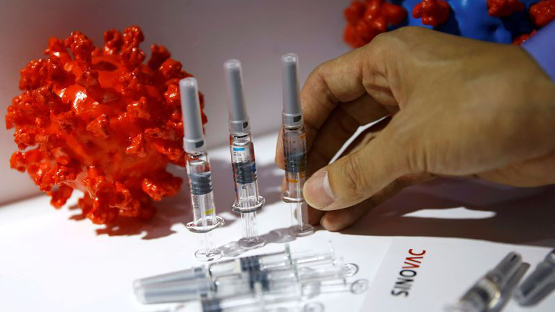 Frascos con candidatos a vacunas contra el coronavirus de Sinovac Biotech Ltd en stand en la Feria Internacional de Comercio de Servicios de China 2020 (CIFTIS), Pekín, China, 5 septiembre 2020.
REUTERS/Tingshu Wang
