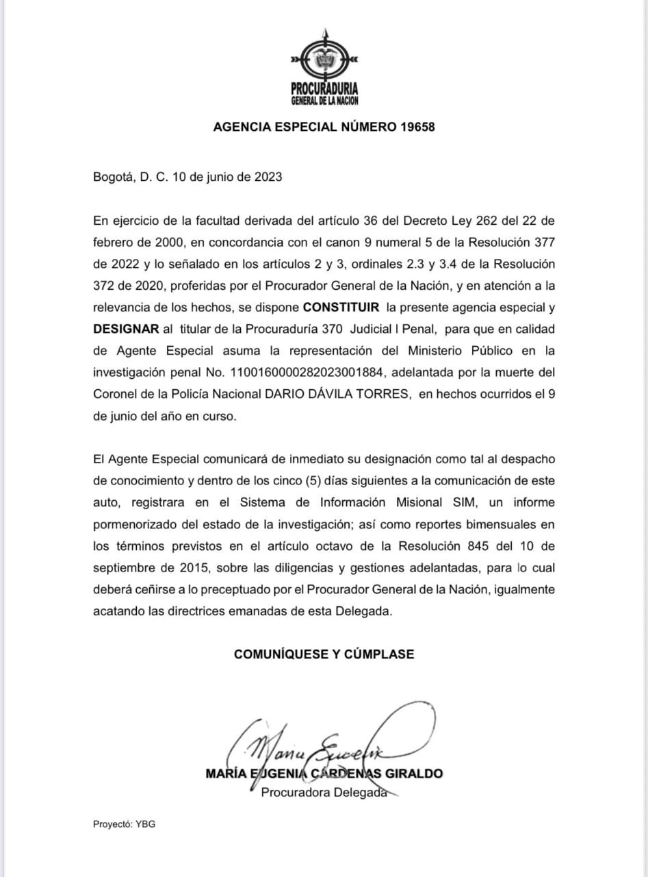 Designación de Agencia Especial para la investigación de la muerte del coronel Óscar Dávila. Procuraduría General de la Nación
