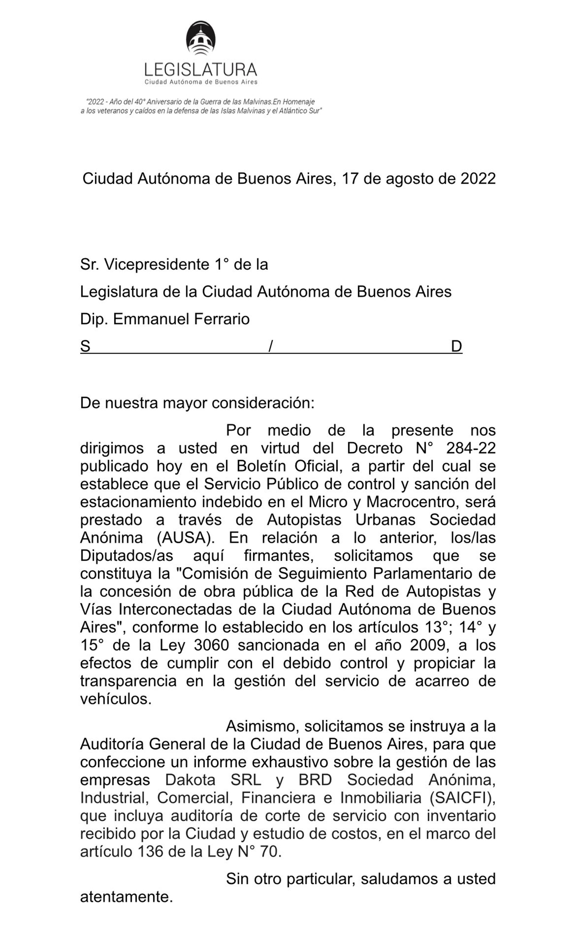 La nota que presentaron los legisladores del FDT