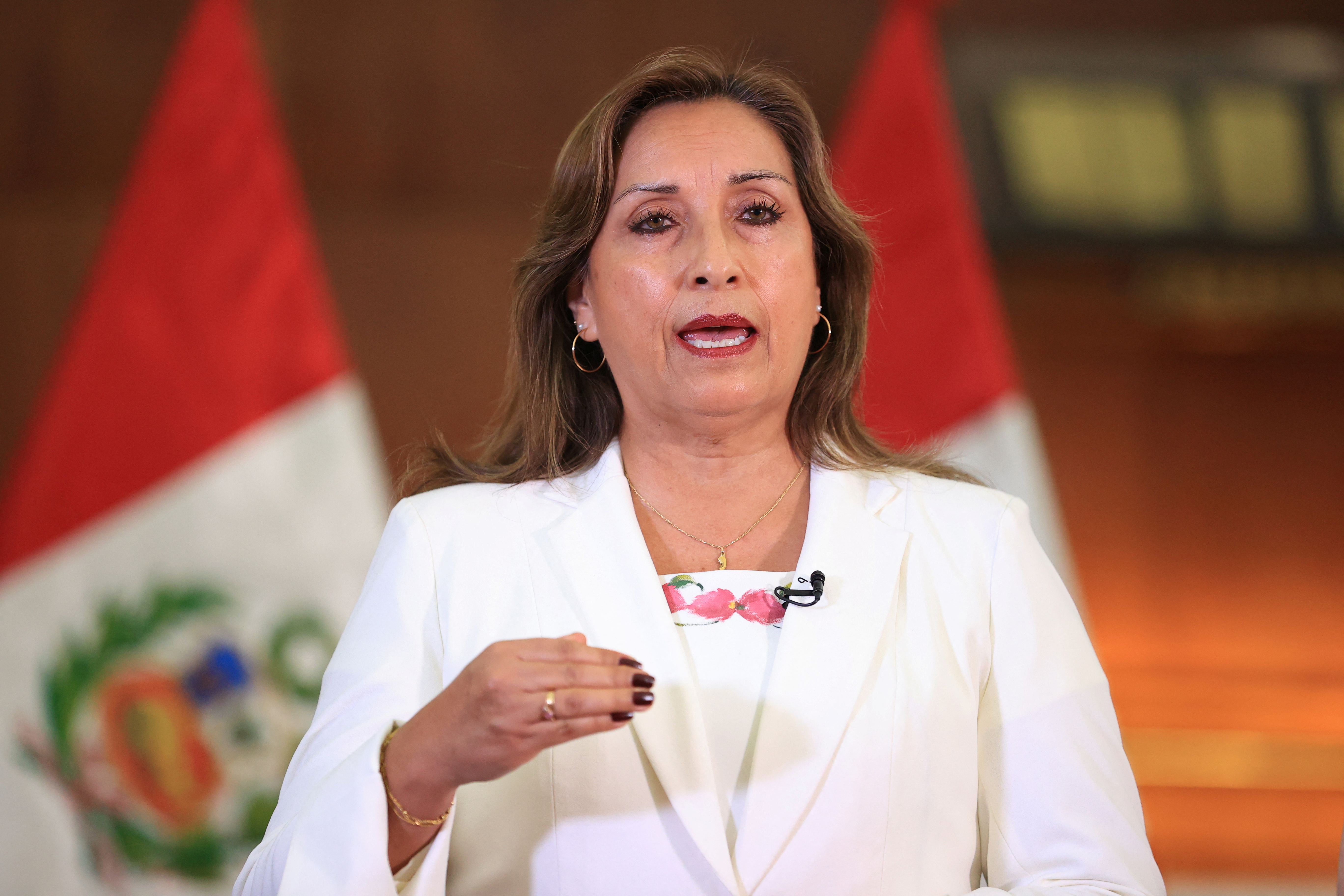 Peru's President Dina Boluarte delivers a message to announce the return of the country's ambassador in Mexico, in Lima, Peru, February 24, 2023. Peru Presidency/Handout via REUTERS THIS IMAGE HAS BEEN SUPPLIED BY A THIRD PARTY. NO RESALES. NO ARCHIVES
