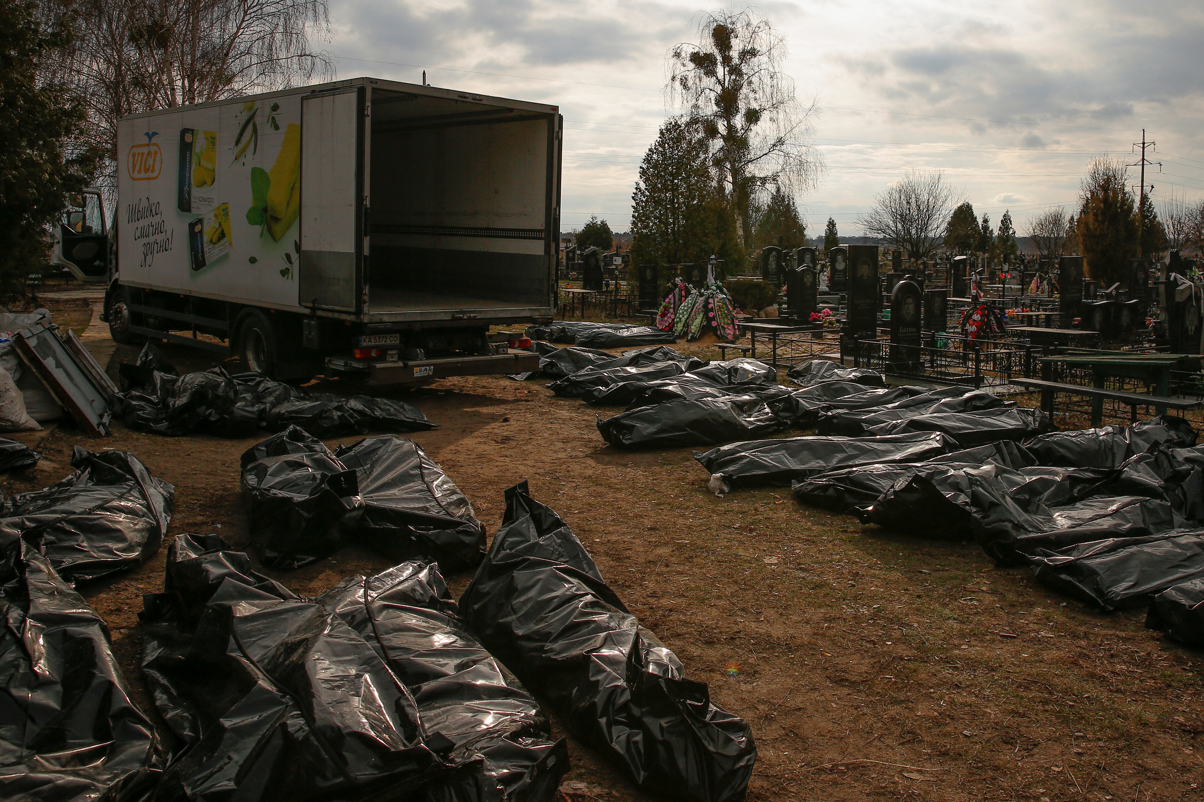 Bodies of civilians, collected from the streets of the local cemetery in the town of Bucha