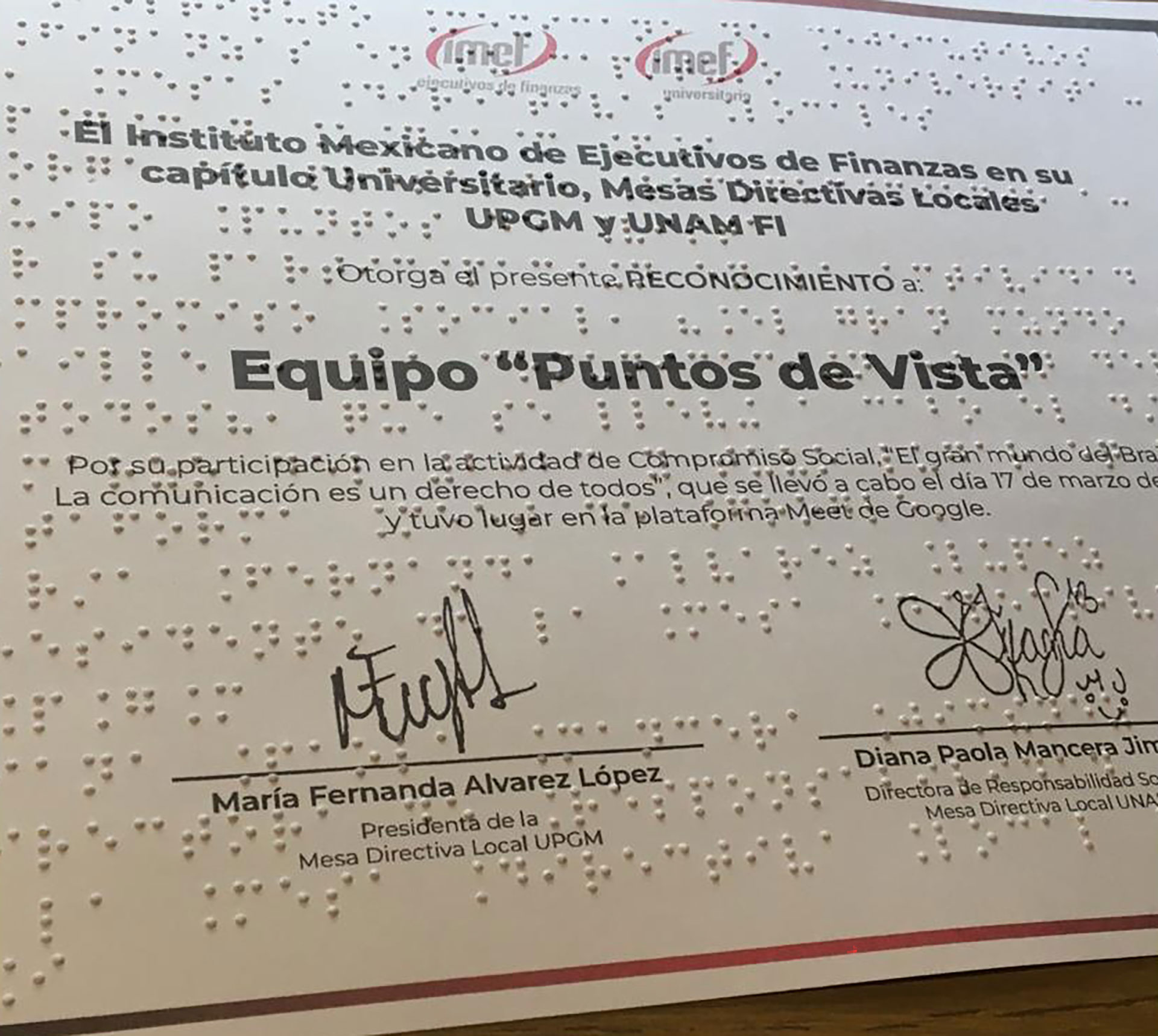 El reconocimiento recibido desde México por el aporte a sociedad del proyecto (puntos_de_vista_braille)