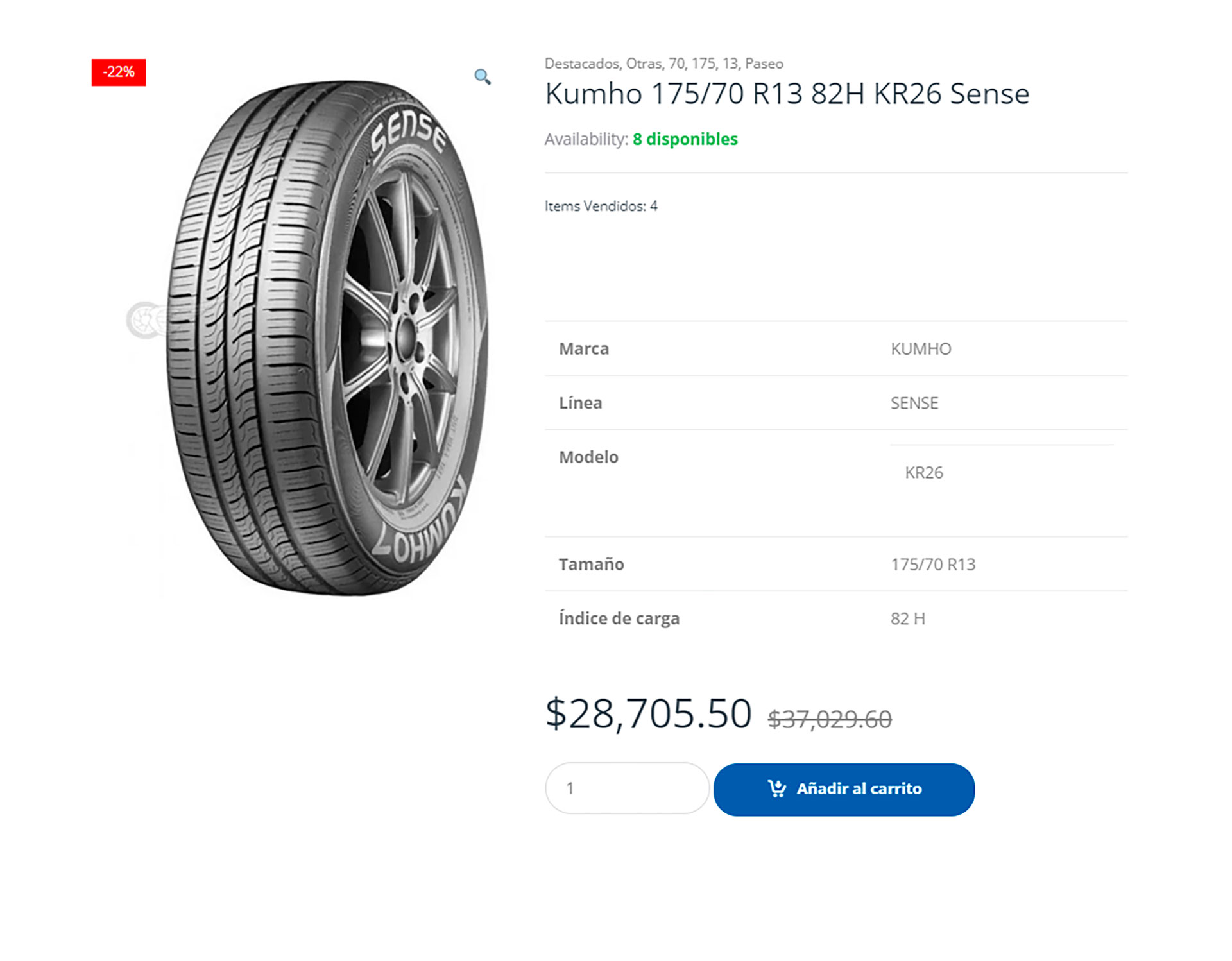 El neumático Kumho 175/70 R13 82H KR26 Sense se encuentra a $28.705,50 pesos