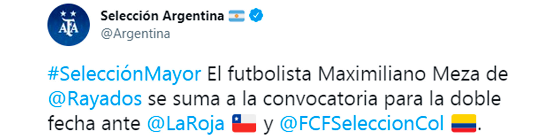El posteo de la selección argentina para informar la convocatoria de Meza