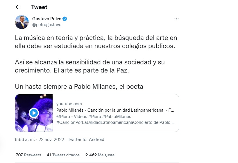  Un hasta siempre a Pablo Milanés, el poeta. escribió el presidente de Colombia en su red social. (Twitter/@petrogustavo).