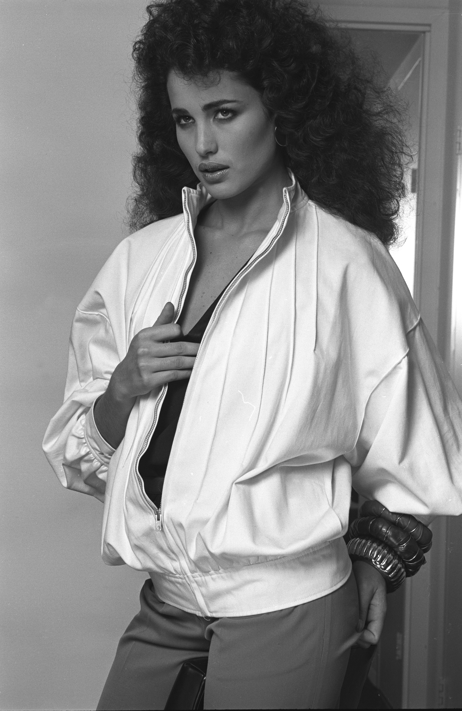 Portrait of American model and future actress Andie MacDowell (born Rosalie Anderson MacDowell) as she poses in a short jacket during a photoshoot for US Vogue magazine, early 1980s. (Photo by Andrea Blanch/Getty Images)