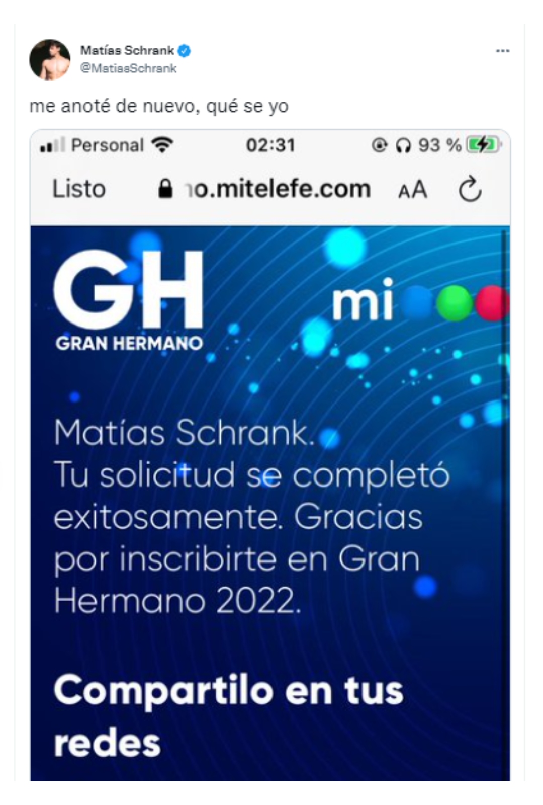 Matías Schrank se anotó en la edición 2022 de Gran Hermano