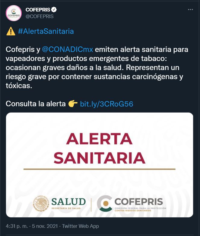 La alerta sanitaria invita a la población a no usar estos dispositivos, pues su venta ni siquiera está regulada en México, desde 2021 se emitió un primer aviso (Captura de pantalla: Twitter)