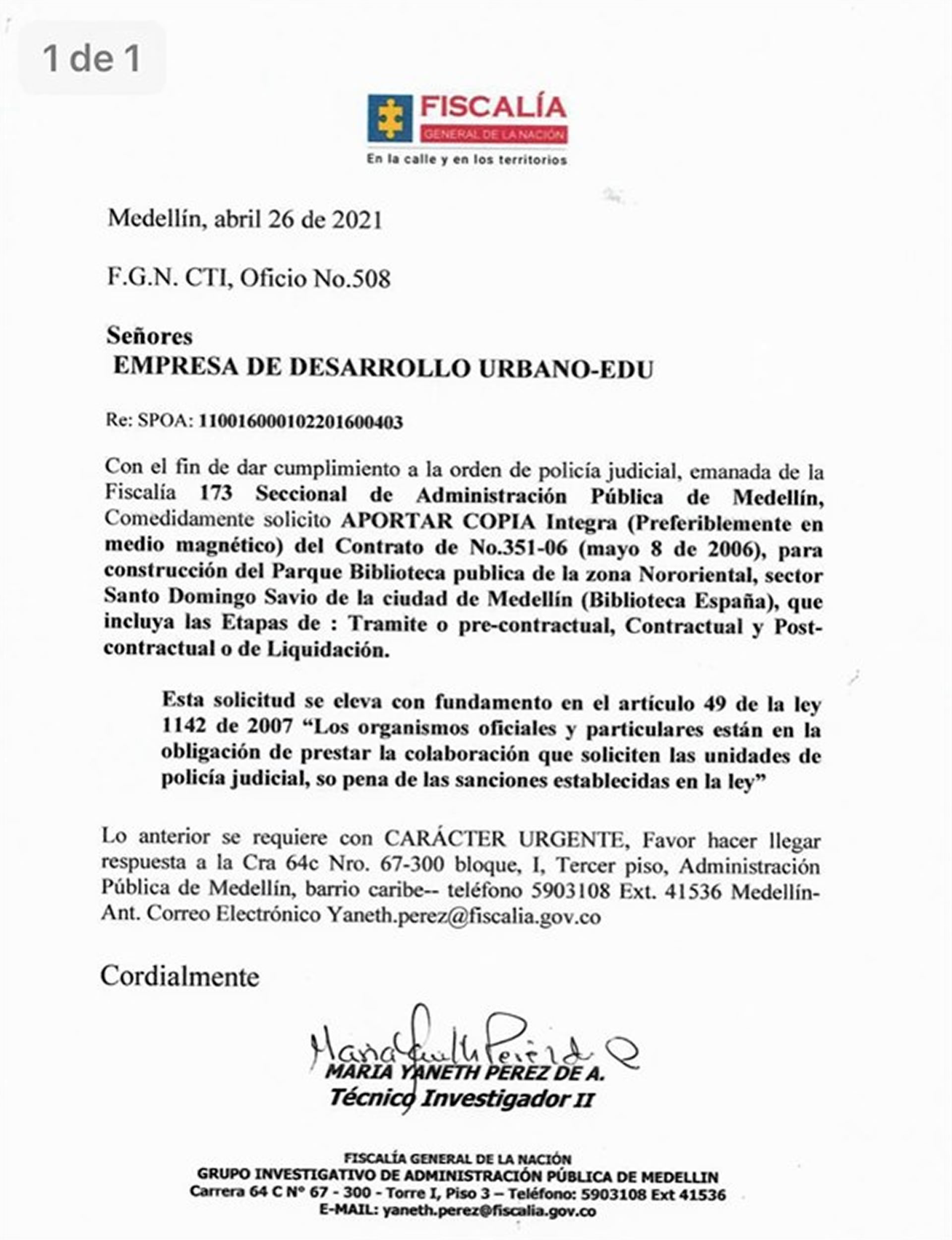 Orden de la Fiscalía en la que solicita los contratos de la Biblioteca España.
