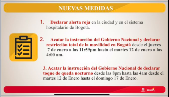 Restricción de la movilidad en Bogotá desde el jueves 7 de enero a las 11:59PM hasta el martes 12 de enero a las a 4 AM. Crédito: Alcaldía de Bogotá.