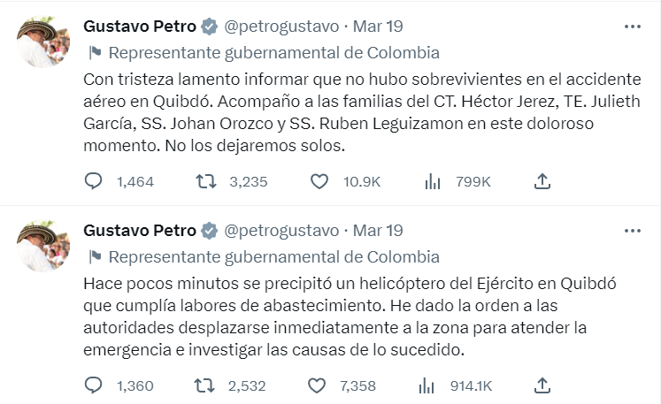 Gustavo Petro se refirió a accidente de helicópetro del Ejército Nacional que dejó como saldo cuatro fallecidos. @petrogustavo. Twitter