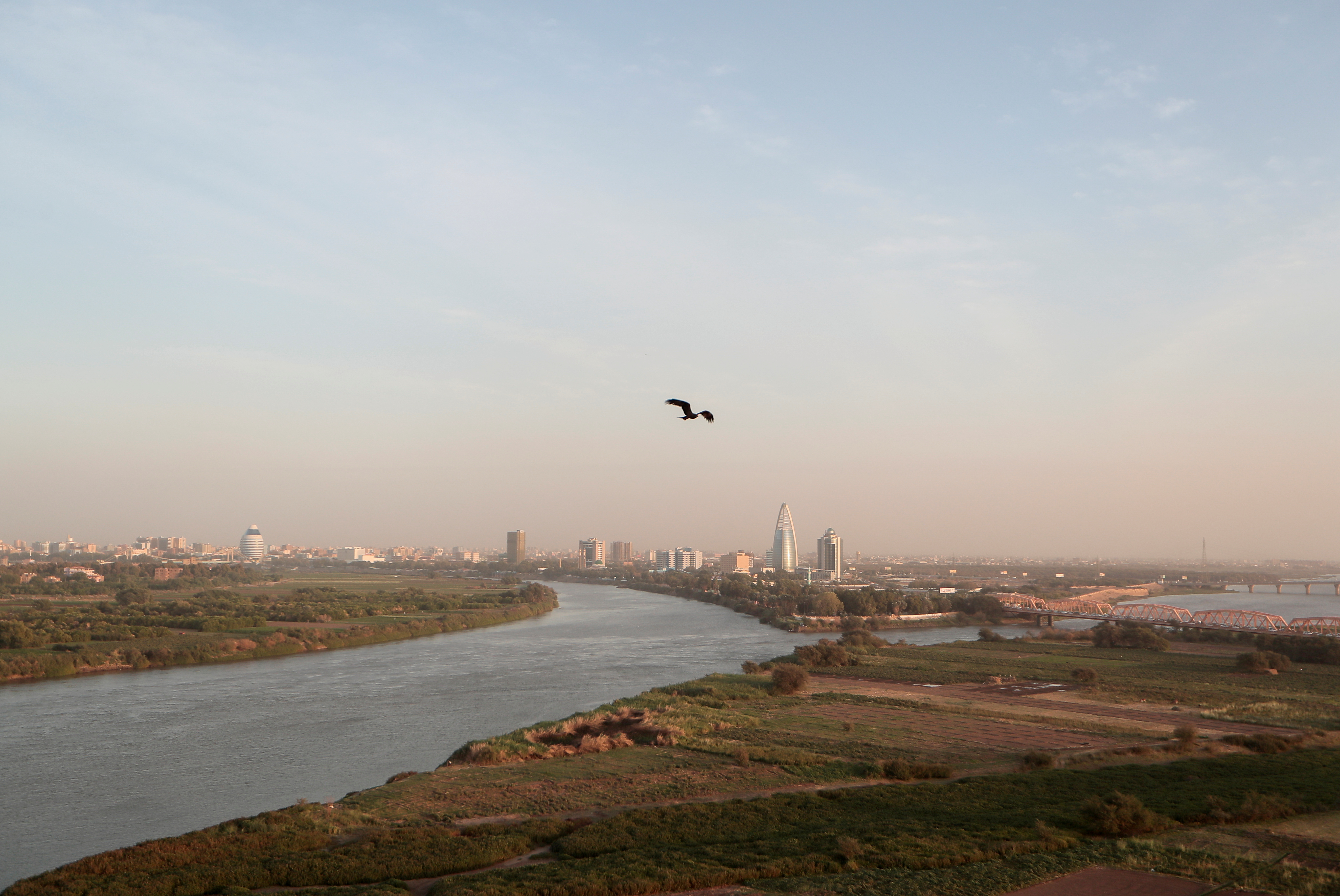 Un pájaro vuela sobre la convergencia entre el río Nilo Blanco y el río Nilo Azul en Jartum, Sudán, el 17 de febrero de 2020 (REUTERS/Zohra Bensemra/Foto de archivo)