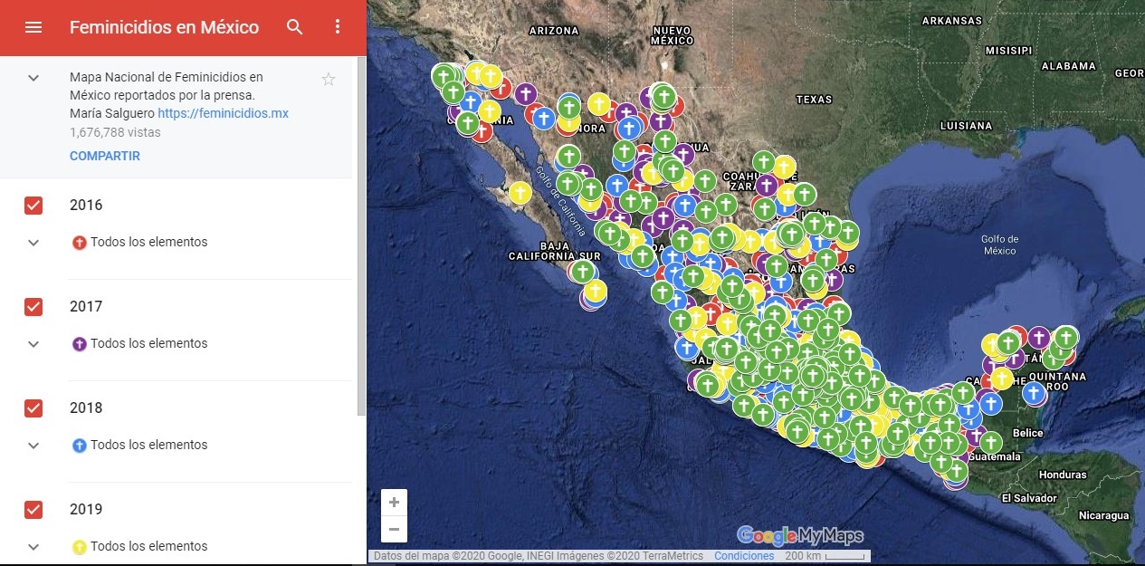 Mapa de Feminicidios en México diseñado por María Salguero Bañuelos (http://mapafeminicidios.blogspot.com/p/inicio.html)