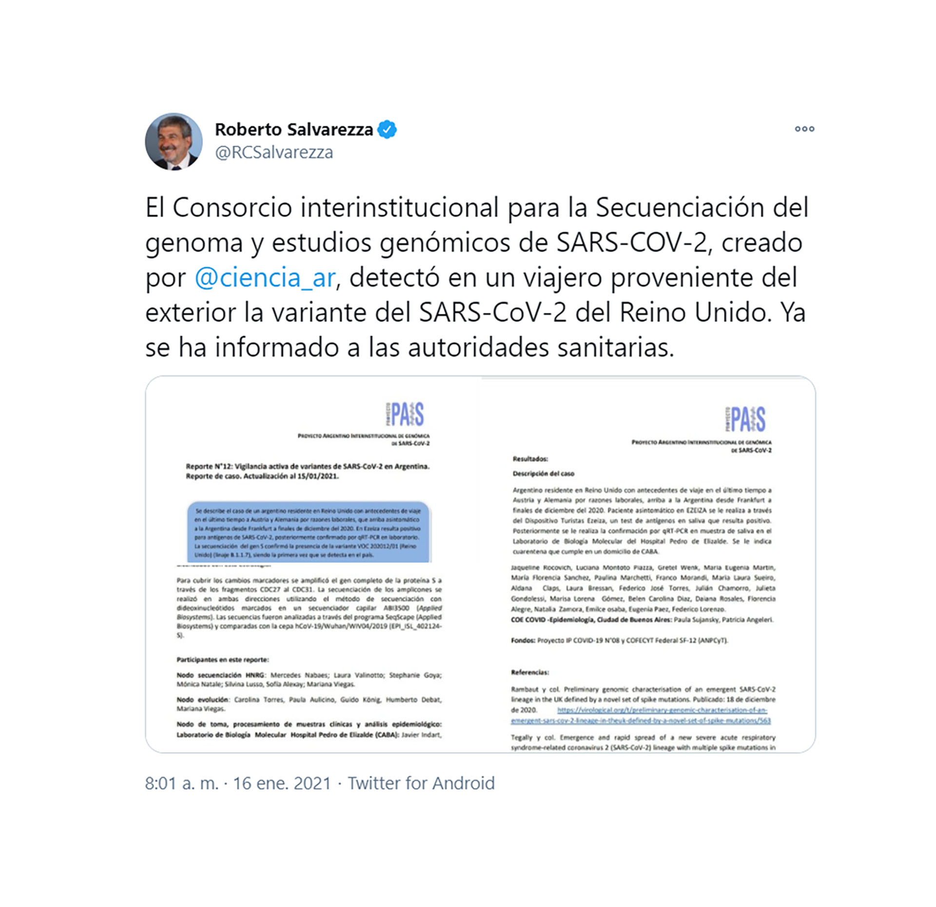Tuit del Ministro de Ciencia y Tecnología, Roberto Salavarezza