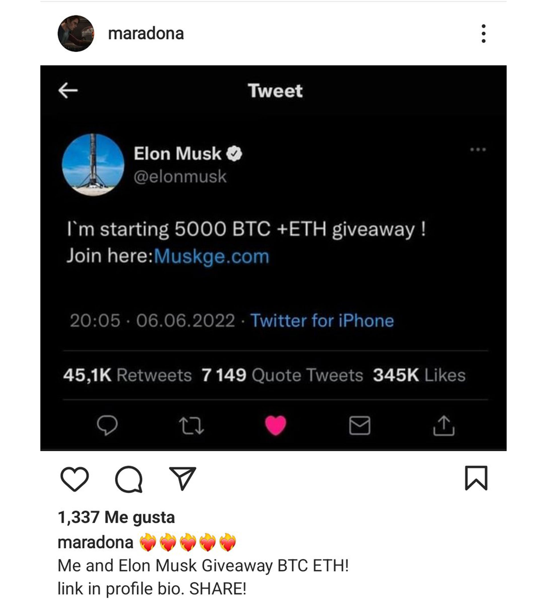 El posteo de Elon Musk que apareció varios minutos en la cuenta de Maradona