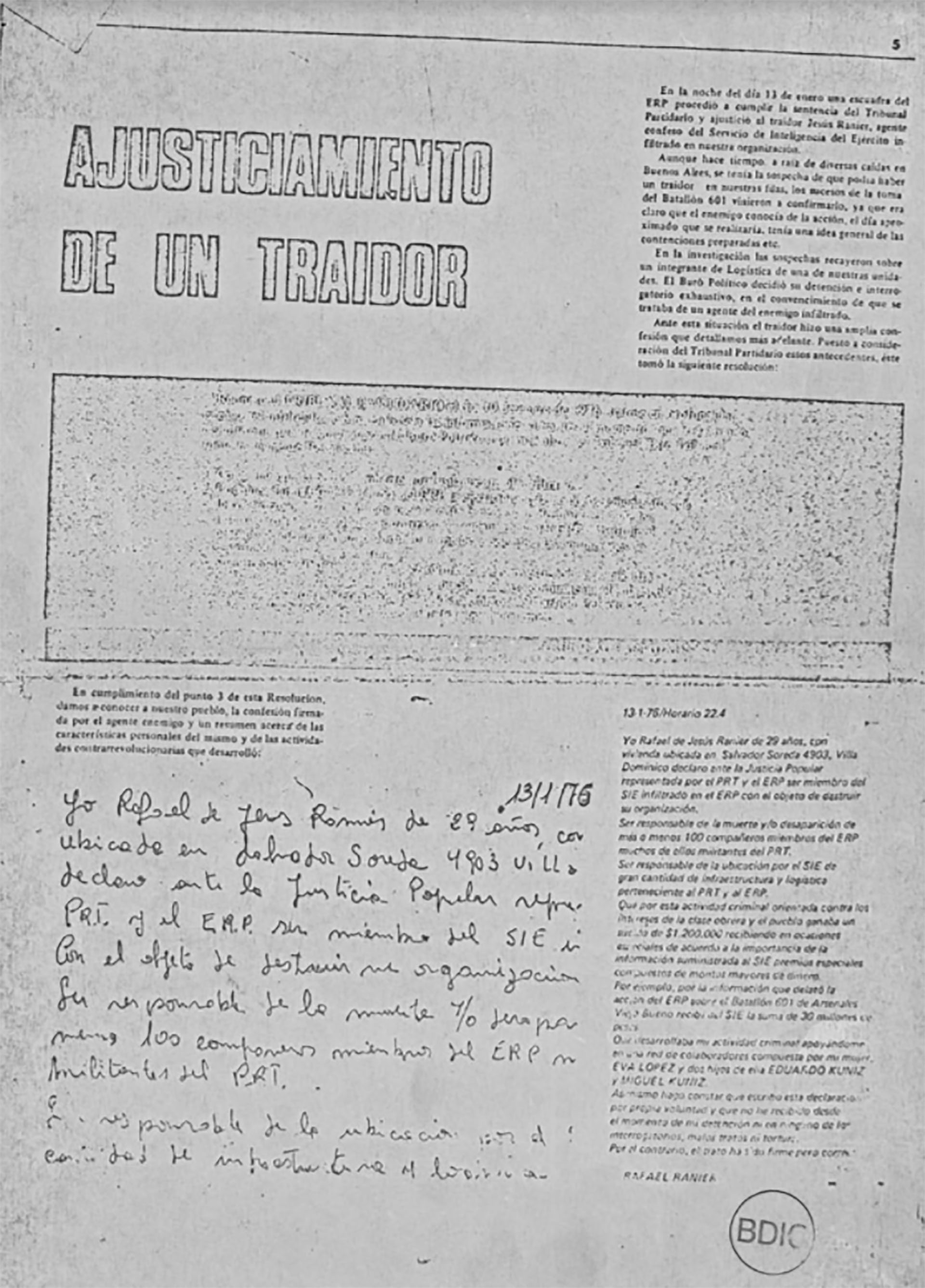 La revista El Combatiente con el artículo que consignaba el “Ajusticiamiento de un traidor” y la carta manuscrita de Ranier antes de ser condenado a muerte por el Buró Político de la organización