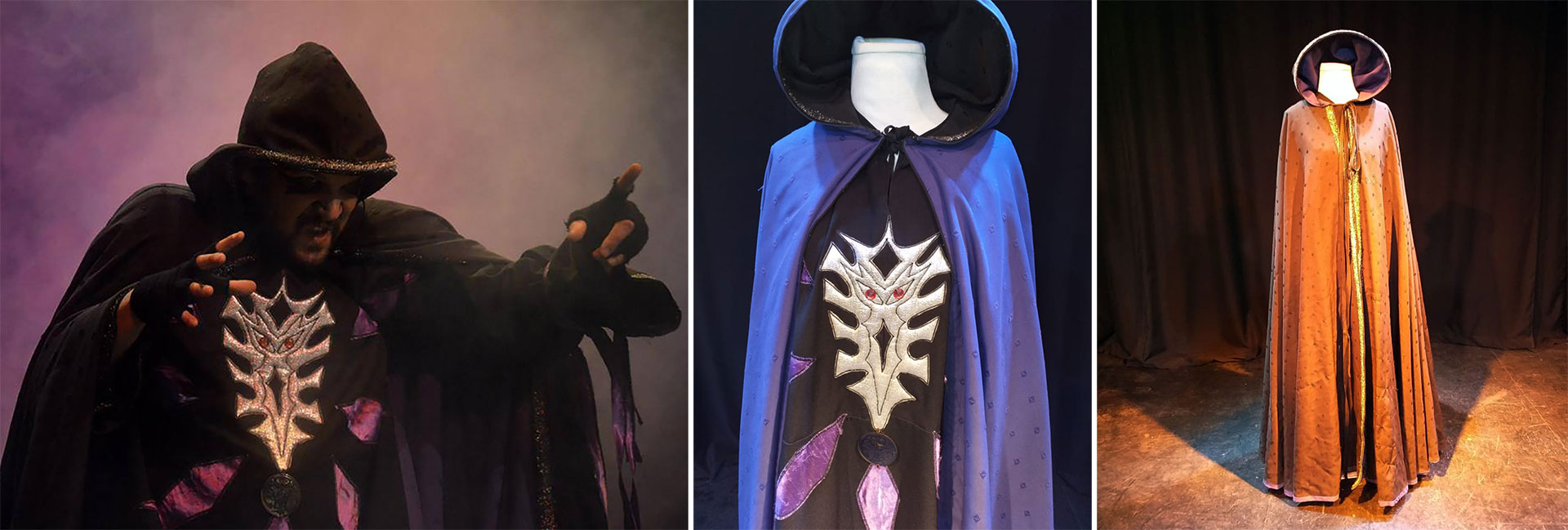 El traje del Brujo Abelardo, que pertenece a la obra “La Llave Mágica, el musical de los niños” y acá luce Franco Pozzobón, tiene un precio base de $ 25.000. Está hecho a mano en sastrería de alta calidad, cosido a mano en su bordado y piedras, con guardas, tela pesada, capa bicolor reversible (violeta y negra) vestido y capucha. La capa es una circunferencia completa, que en escena se luce muchísimo en los giros. "Con esa obra ganamos casi todos los premios y su vestuario fue nominado”, cuenta Ivanna Martin