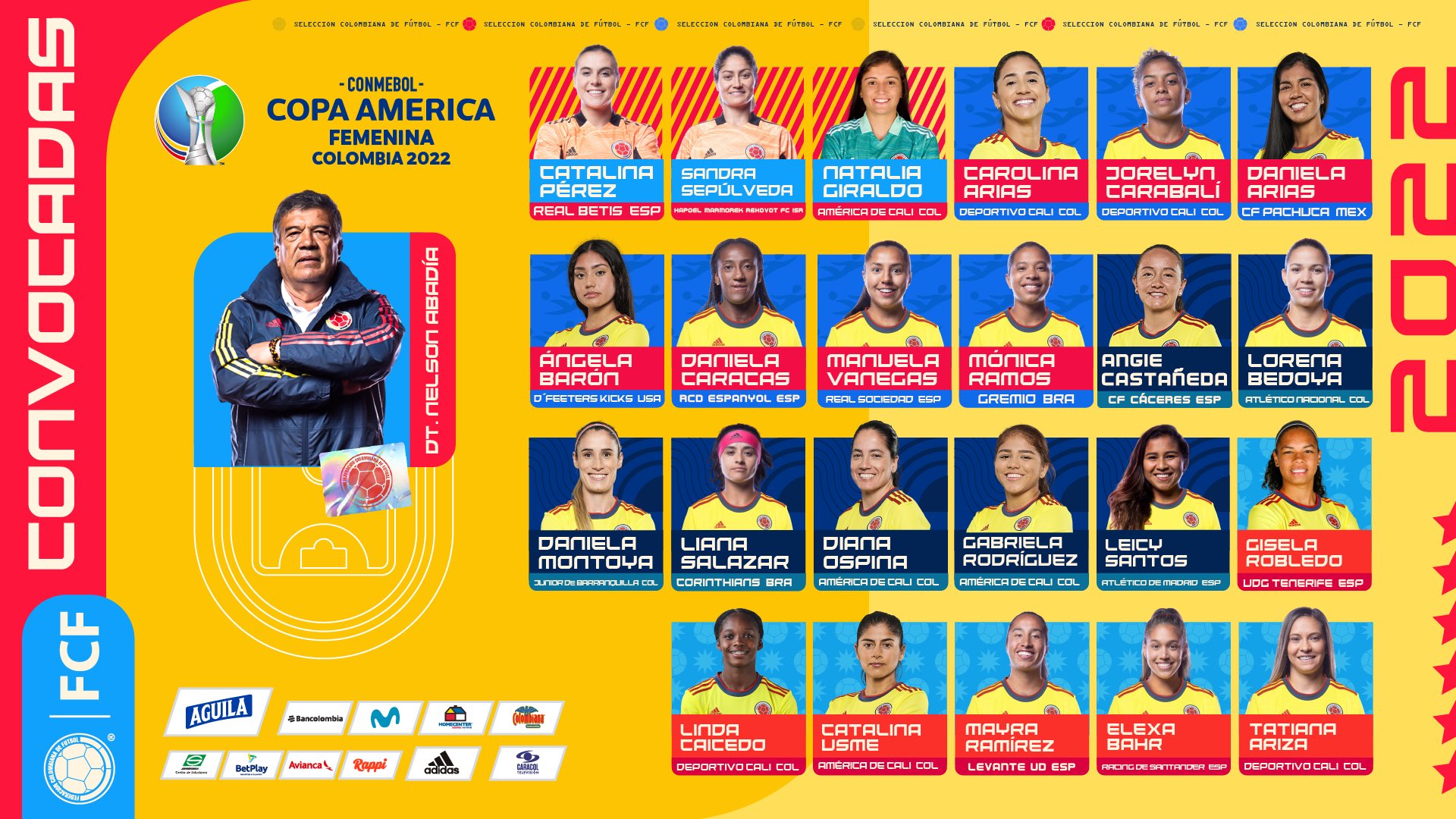 La lista de 23 convocadas para la selección Colombia Femenina que representarán al país en la Copa América 2022. Imagen: FCF.