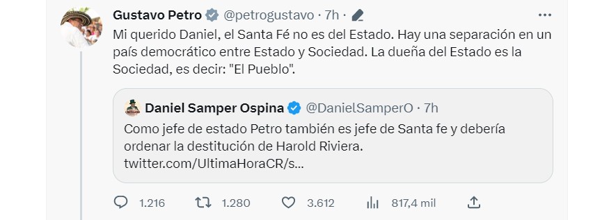 President Gustavo Petro, in a serious tone, responded to Daniel Samper for asking him to dismiss the Santa Fe coach