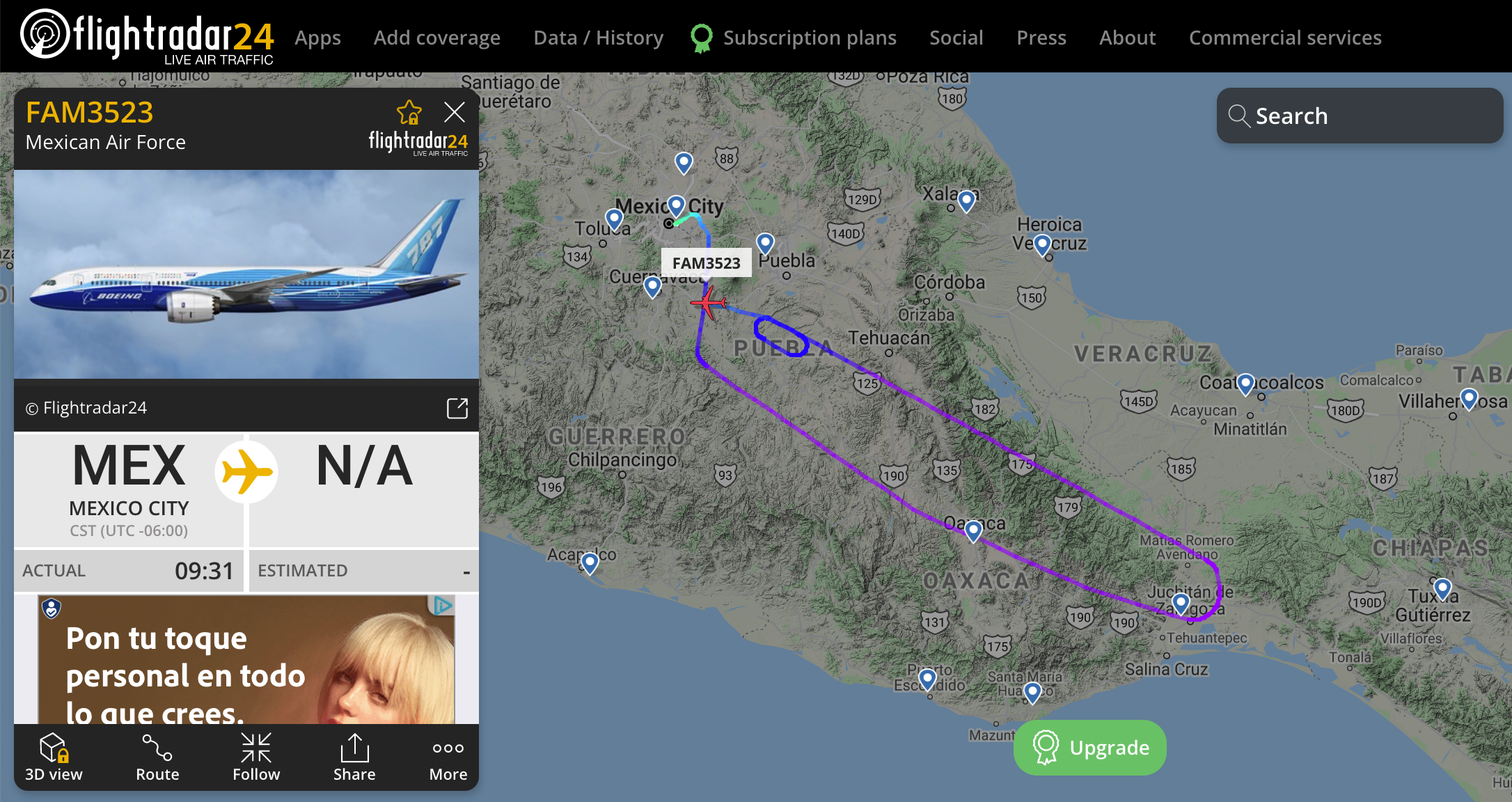 Ruta del avión presidencial a 1 hora y 35 minutos de su despegue (Foto: Captura de pantalla / Flight Radar 24)