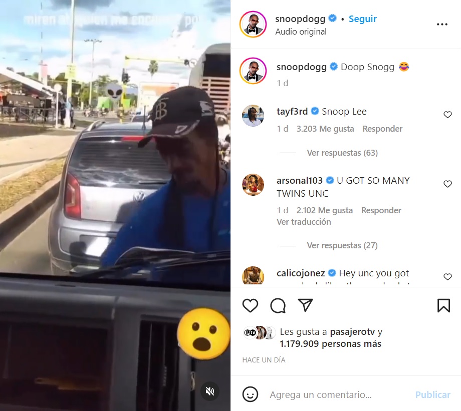 Publicación de la cuenta oficial de Snoop Dogg resubiendo el video del limpiavidrios idéntico a él, y bautizandolo con su nombre de rapero (@snoopdogg/Instagram)