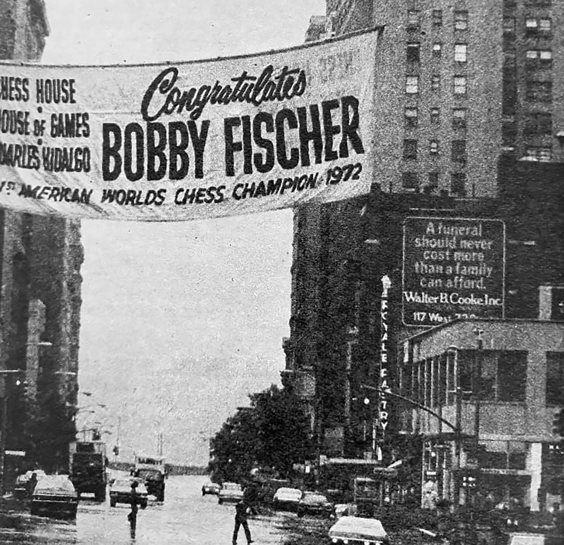 Pasacalle en la calle de Estados Unidos felicitando a Fischer tras vencer a Spassky, fue recibido como un héroe 