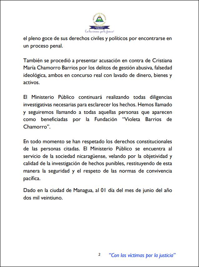 Segunda parte del documento emitido por el Ministerio Público del régimen nicaragüense que pide la inhabilitación de Cristina Chamorro