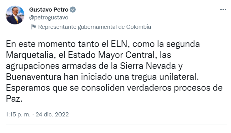 Gustavo Petro anunció el cese al fuego unilateral por parte de cuatro grupos armados en el país