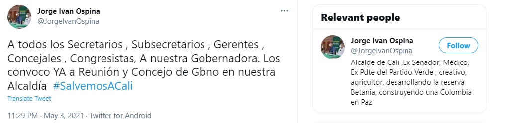Anuncio en Twitter del alcalde de Cali, Jorge Iván Ospina, convocando consejo extraordinario de Gobierno