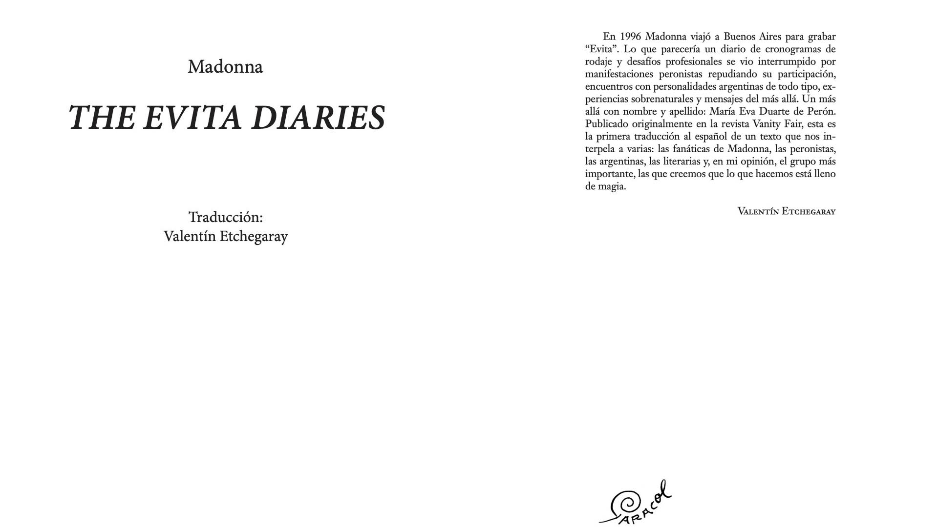 Portada de los "Diarios de Evita" de Madonna, editados por Caracol y traducidos por primera vez al español por el poeta argentino Valentín Etchegaray. 