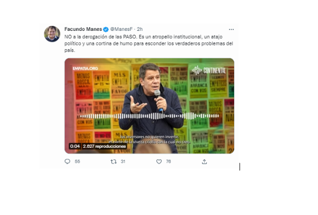 Manes tildó de "atropello institucional" el pedido de eliminación de las PASO (Twitter)