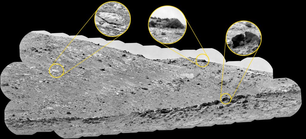 Curiosity usó su instrumento ChemCam para ver Gediz Vallis Ridge, detectando rocas que se cree que fueron arrastradas por un antiguo flujo de escombros. Una de las razones por las que los científicos están interesados ​​en esta cresta es porque incluye rocas como estas, que se originaron mucho más arriba en Mount Sharp, donde Curiosity no podrá llegar. (Crédito: NASA/JPL Caltech/LANL/CNES/CNRS/IRAP/IAS/LPG)