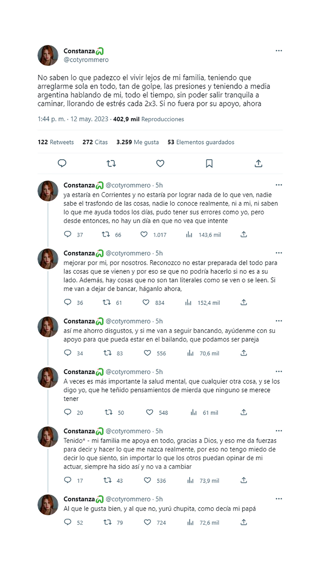 Los mensajes de Coti Romero que preocuparon a sus seguidores (Twitter)