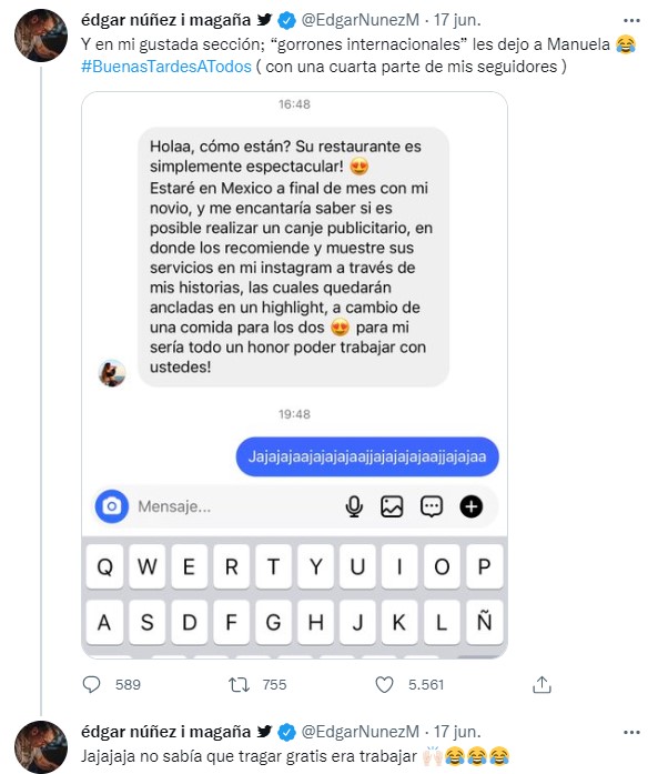 El chef mexicano Edgar Núñez publicó a través de sus redes sociales una conversación iniciada por la influencer colombiana que buscaba un canje