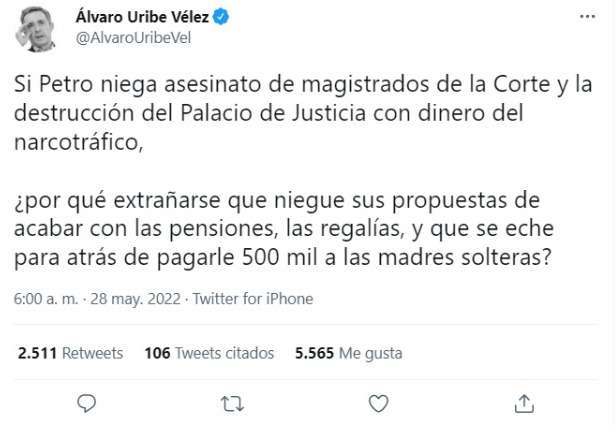 Álvaro Uribe dejó un duro tuit contra Petro a pocas horas de las elecciones. 

Pantallazo: Twitter Álvaro Uribe