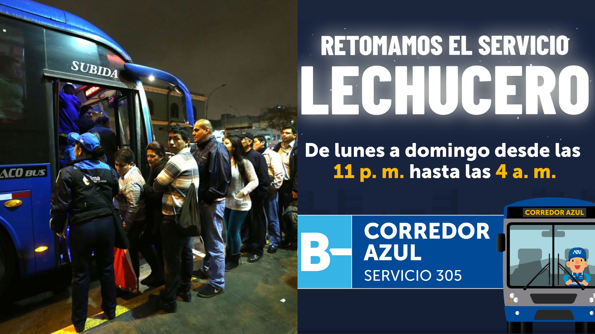 Servicio ‘Lechucero’ del Corredor Azul vuelve a operar desde este lunes 27 de febrero