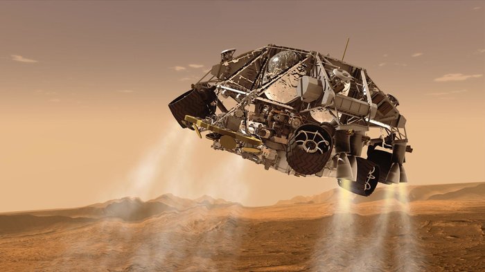 Reproducción artística del funcionamiento de la grúa que hizo descender a Perseverance a Marte (NASA)