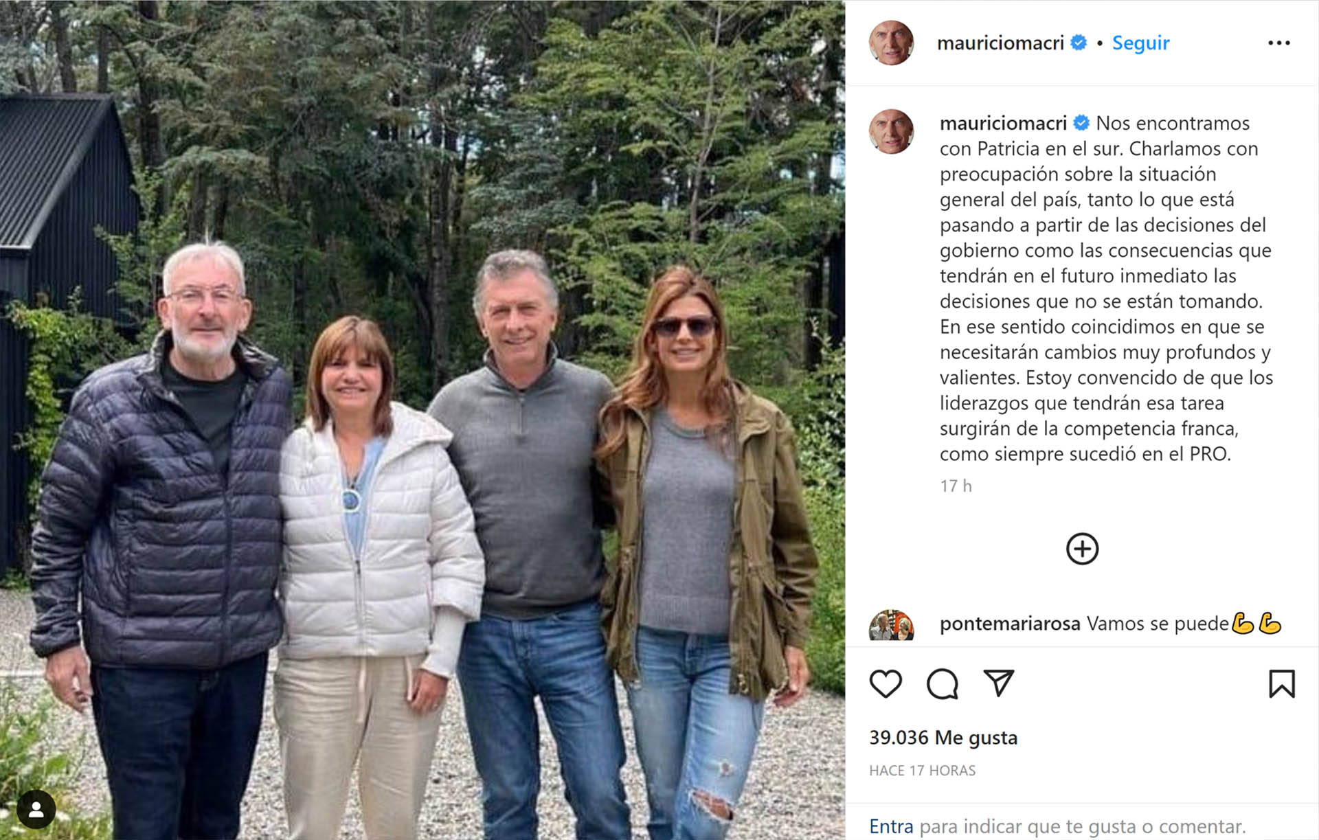 Mauricio Macri comentó en Instagram su reunión con Patricia Bullrich