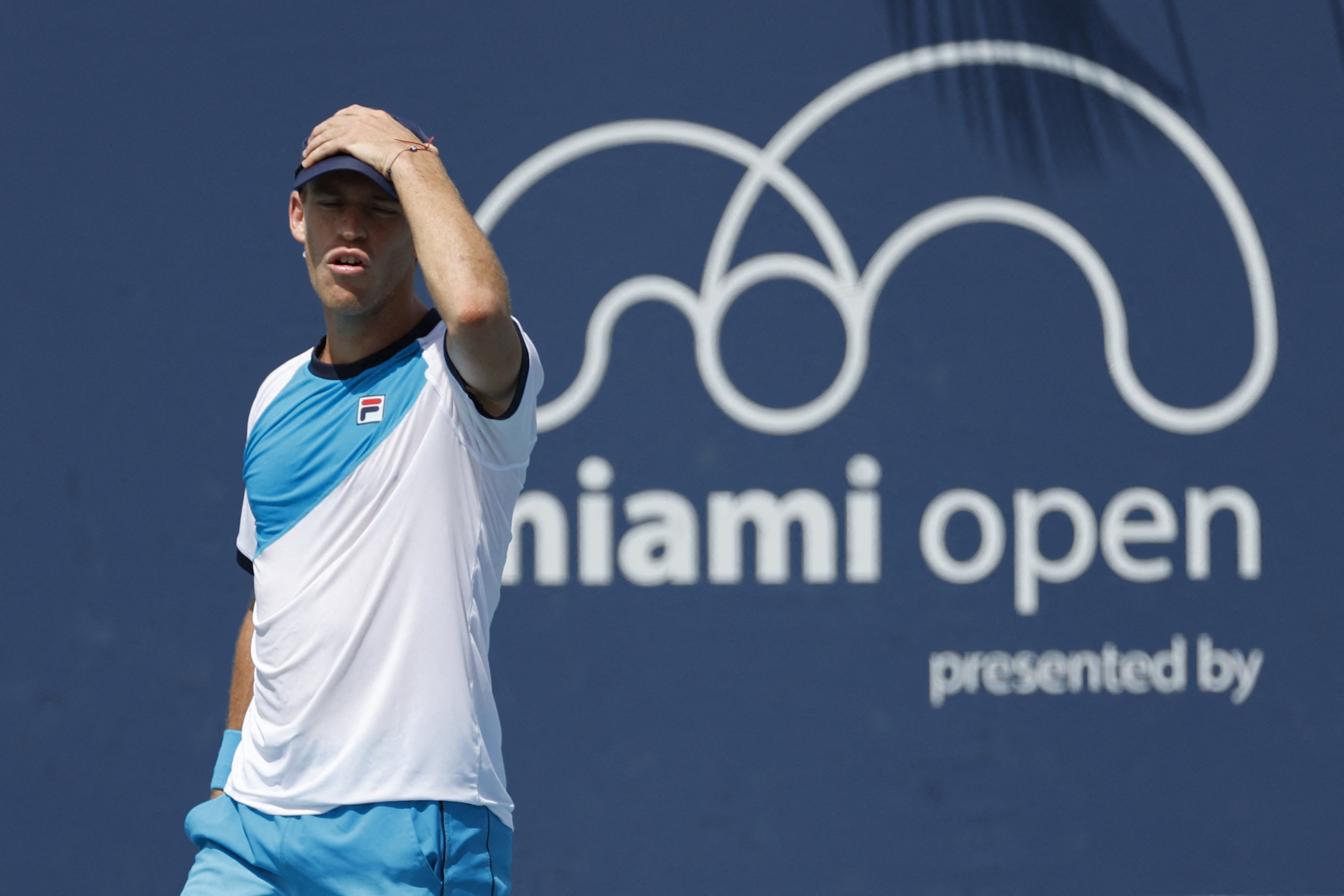 Mar 24, 2023; Miami, Florida, US; Diego Schwartzman (ARG) reacts after losing a point against Yibing Wu (CHN) (not pictured) on day five of the Miami Open at Hard Rock Stadium. Mandatory Credit: Geoff Burke-USA TODAY Sports