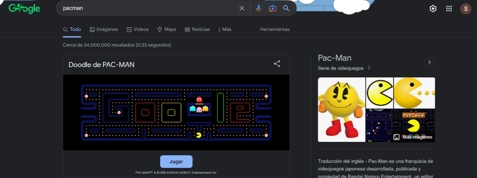 Pac-Man, el juego que está disponible en Google. (Pantallazo)