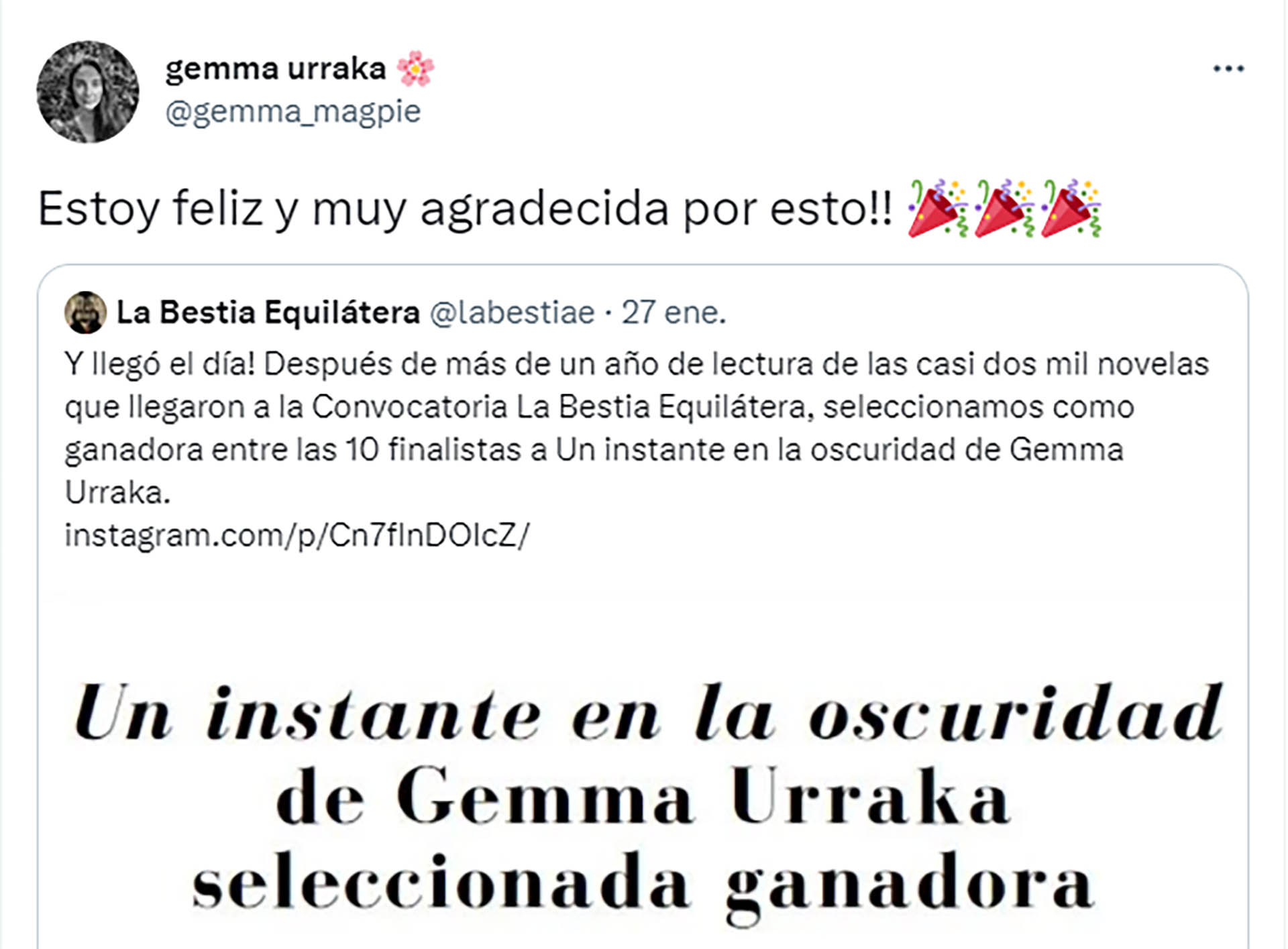 Mensaje de la escritora española Gemma Urraka publicado en su cuenta de Twitter