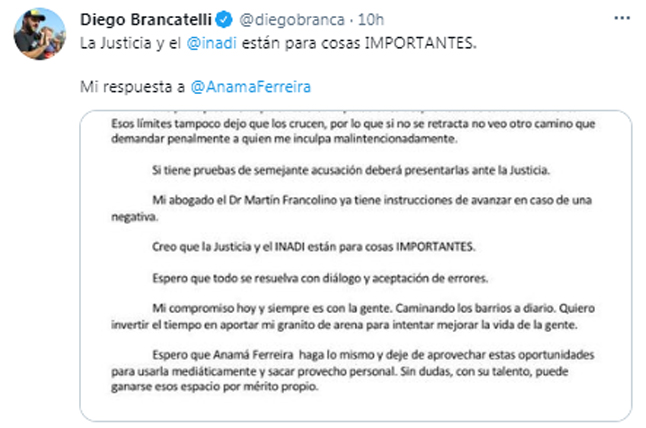 El comunicado de Diego Brancateli a Anamá Ferreira