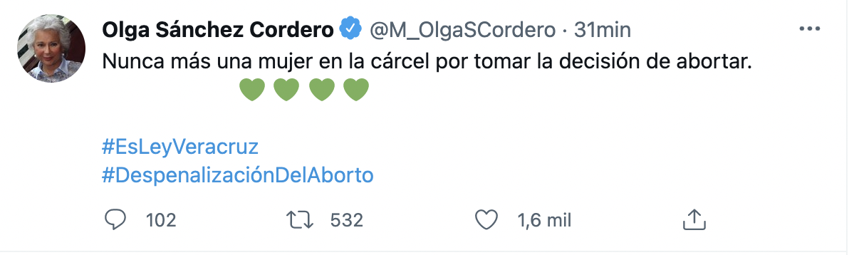 La secretaria federal destacó que nunca más una mujer irá a la cárcel por decidir interrumpir su embarazo (Foto: Twitter@M:OlgaSCordero)