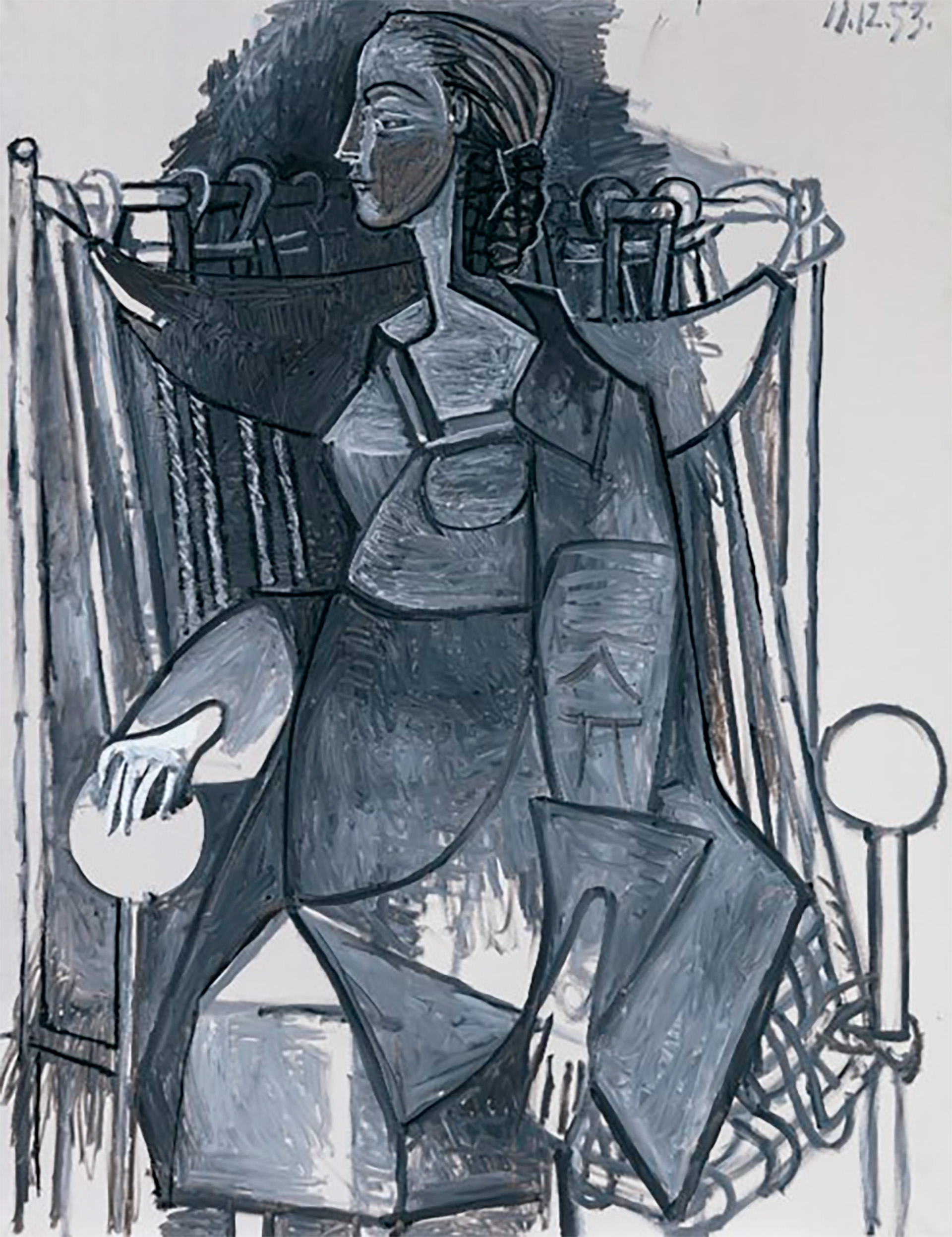 En "Femme assise dans un fauteuil tressé, en gris" Pablo Picasso retrató a su mujer Françoise Gilot poco antes de dejarla