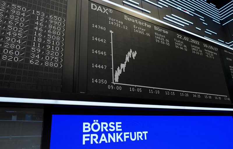 El gráfico del índice de precios alemán DAX en una pantalla en el interior de la Bolsa de Fráncfort, Alemania, el 22 de febrero de 2022. Foto: REUTERS